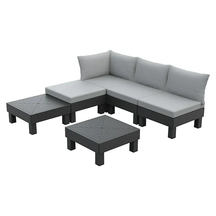 Keter Elements Respaldo de respaldo con cojín - L x An x Al: 60 x 17 x 57 cm, Negro/Gris - Elegante conjunto de sofá gris con cojines suaves para uso exterior. El conjunto de muebles incluye un sofá de esquina y dos mesas cuadradas.