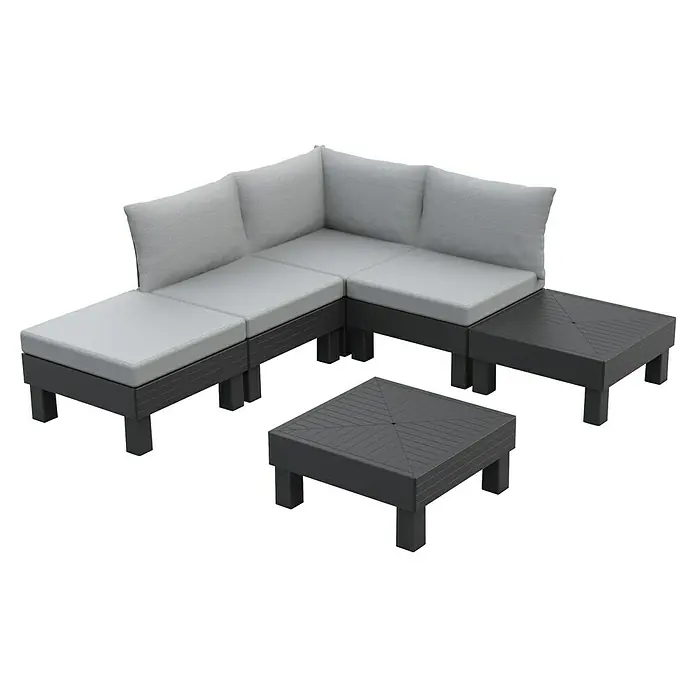 Keter Elements Sillón de jardín Elements - Negro y gris - Un elegante conjunto de salón con cojines grises y mesas oscuras, ideal para relajarse al aire libre. Asientos cómodos y espacios de almacenamiento prácticos.