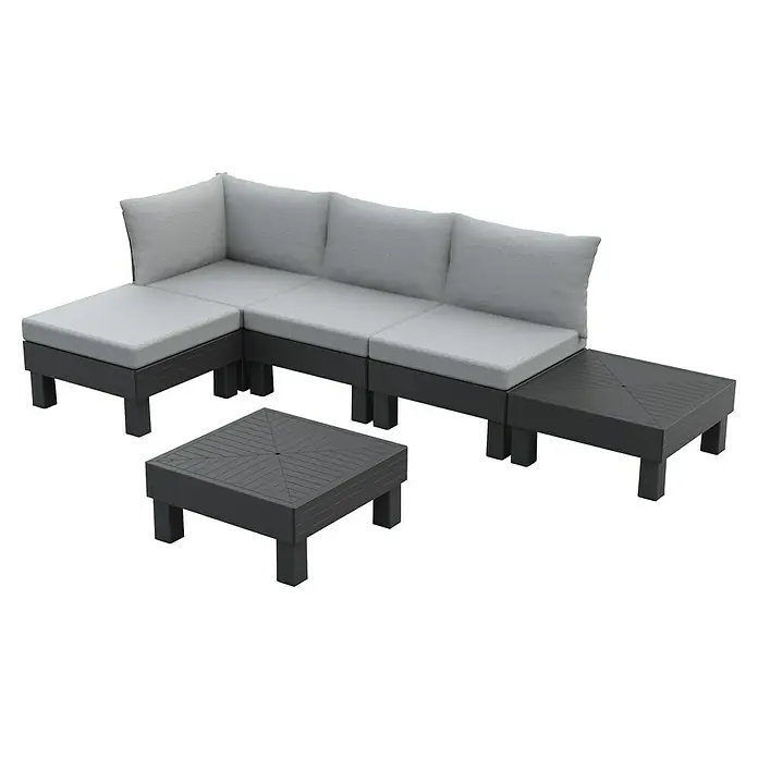 Keter Conjunto de muebles Elements - Número de personas máx.: 4, 6 pzs., Polipropileno, Negro/Gris - En la imagen, un conjunto de salón modular para exteriores gris, con cojines gris claro y dos mesas de centro cuadradas.