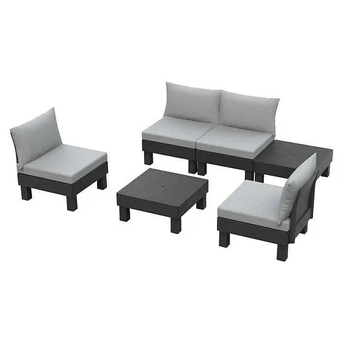 Keter Conjunto de muebles Elements - Número de personas máx.: 4, 6 pzs., Polipropileno, Negro/Gris - Elegante conjunto de muebles de jardín gris con cojines cómodos. El conjunto incluye sofá, sillones y una mesa para momentos de relajación al aire libre.