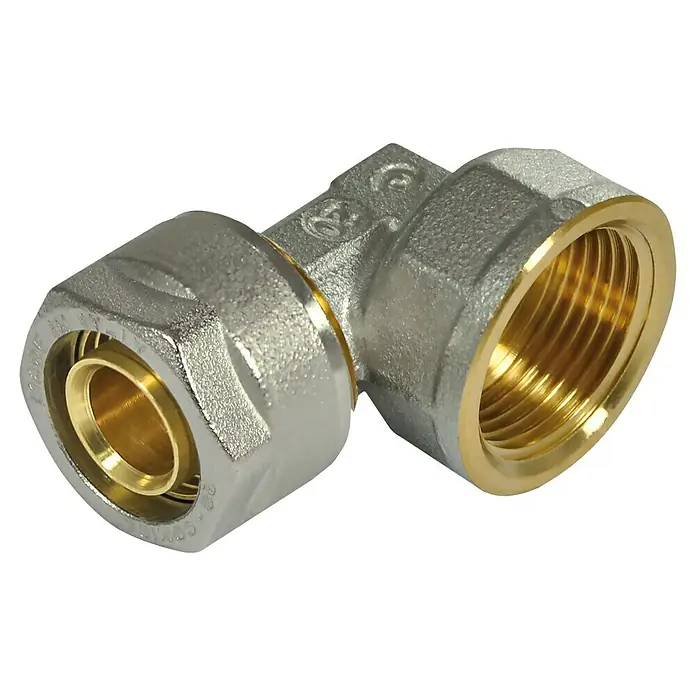 Comisa Schraubwinkel - Durchmesser: 16 mm, Innengewinde: ½″, Vernickelt - Eine 90-Grad-Messingrohrverschraubung mit einer Innengewindeverbindung und einer Klemmringverbindung für Rohre mit glattem Ende.