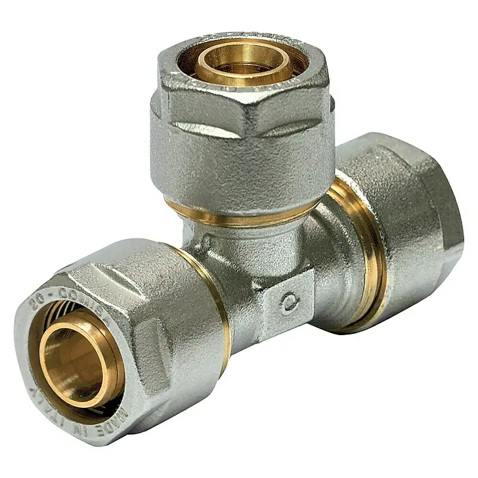 Comisa Schraub-T-Stück - 3 x 26 mm, Vernickelt - Abbildung eines T-Stück-Rohrverbinders aus Metall mit Gewindeenden und goldfarbenen Innenanschlüssen.