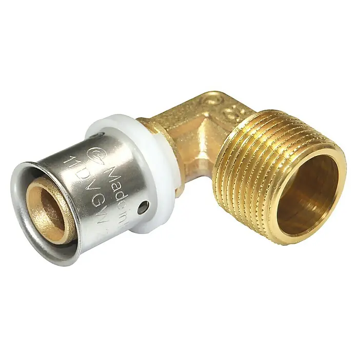 Comisa Presswinkel - Durchmesser: 26 mm, Außengewinde: ¾″, 90 ° - Messingfitting mit 90-Grad-Winkel, Pressverbindung und Außengewinde. Ideal für Sanitär- und Heizungsinstallationen, robust und zuverlässig.