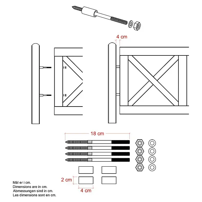 Plus Zaun-Abstandhalterset für Zäune Rom und Schloss - Stahl - Bauanleitung für ein Holzprodukt mit Schrauben, Muttern und Unterlegscheiben, Maße in cm.