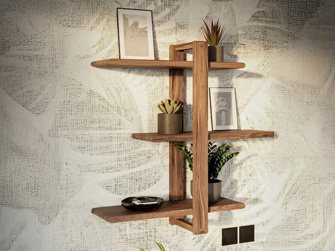 DIY Asymmetrisches Wandregal hängt an der Wand, dekoriert mit Pflanzen und Bildern