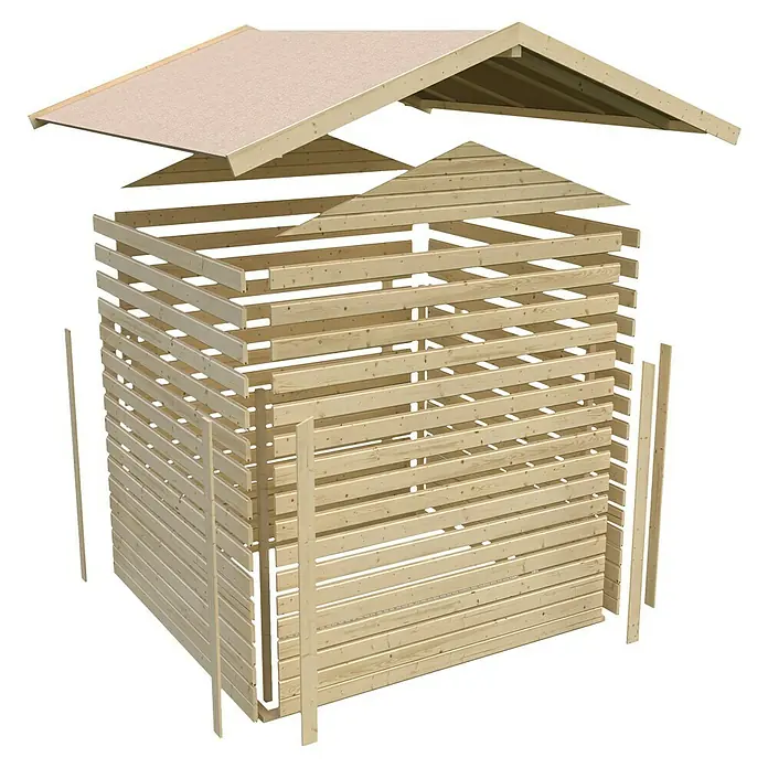 Karibu Gartenhaus Talkau 8 - Außenmaß inkl. Dachüberstand (B x T): 330 x 330 cm, Holz, Grau - Explosionszeichnung eines Holzschuppens, die die einzelnen Bauelemente und ihre Anordnung zeigt. Ideal für DIY-Enthusiasten und Gartenprojekte.