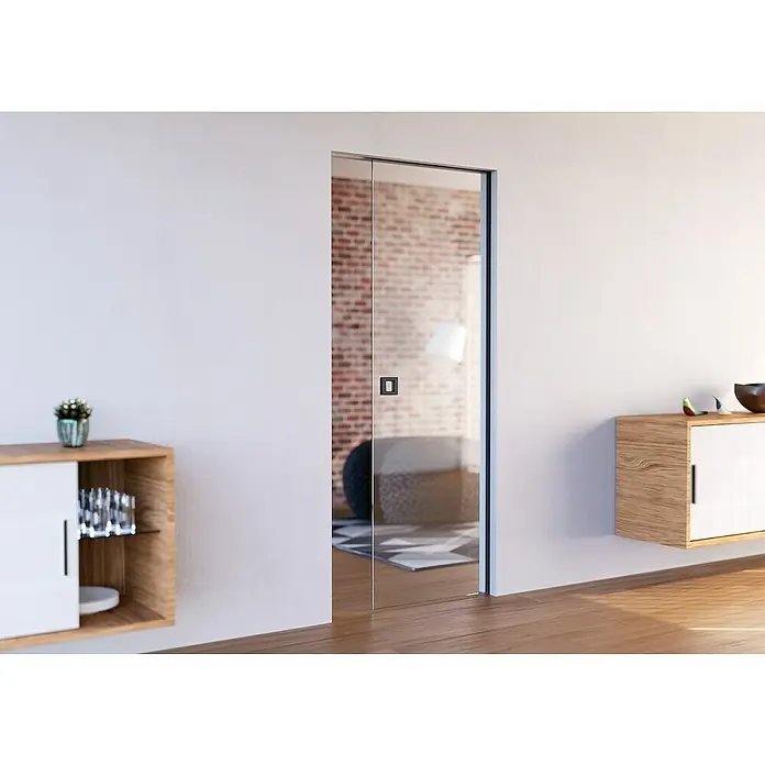 Entravia Griffmuschel - Schwarz, Eckig - Elegante Inneneinrichtung mit einer modernen Glasschiebetür, die den Blick auf ein stilvolles Wohnzimmer freigibt und Helligkeit betont.