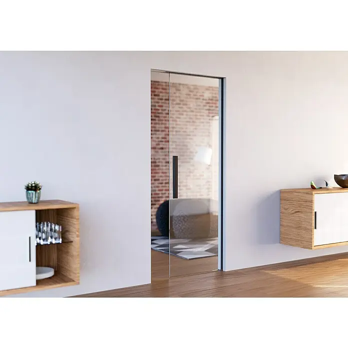Entravia Griffleisten-Set - Schwarz, 400 x 37 mm - Ein elegantes, rahmenloses Glastürsystem mit schlanken schwarzen Griffen, das modernes Design und Transparenz in den Raum bringt.