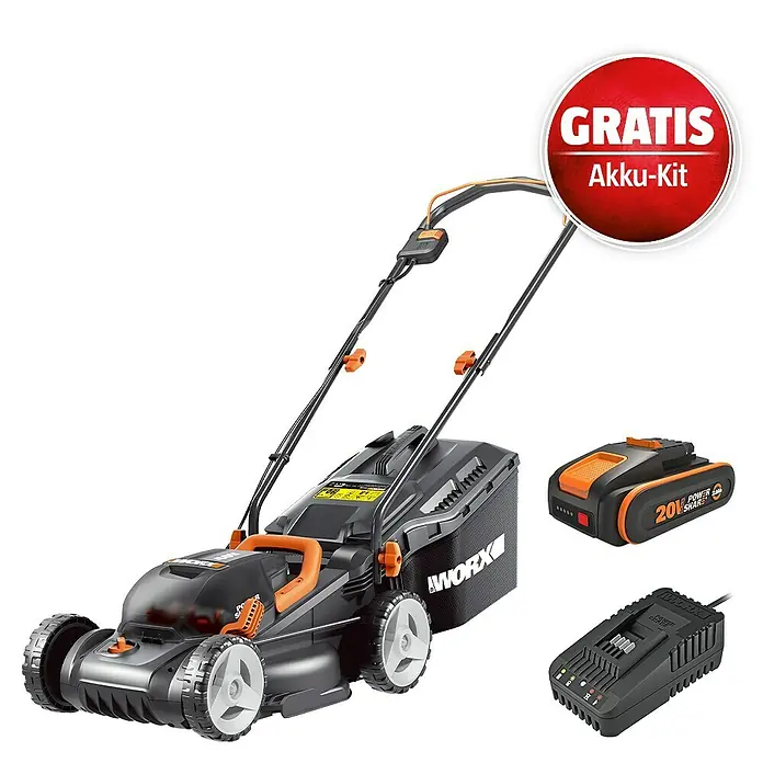 Worx PowerShare 20V Maschinenpaket - Akku-Rasenmäher WG779E, 20V, 2,0 Ah Akku & 20V 2A Schnellladegerät - Schwarzer und oranger Akku-Rasenmäher mit Akku und Ladegerät, inklusive GRATIS Akku-Kit.
