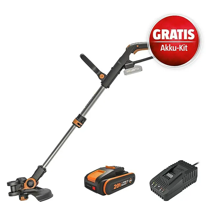 Worx PowerShare 20V Maschinenpaket - Akku-Rasentrimmer WG163E.9, 20V, 2,0 Ah Akku & 20V 2A Schnellladegerät - Schwarzer und oranger Akku-Rasentrimmer-Set mit Akku und Ladegerät.