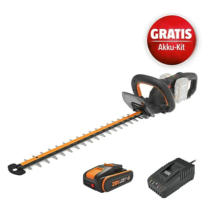 Worx PowerShare 20V Maschinenpaket - Akku-Heckenschere WG286E.9, 20V, 2,0 Ah Akku & 20V 2A Schnellladegerät - Schwarz-orange Akku-Heckenschere mit Akku und Ladegerät.