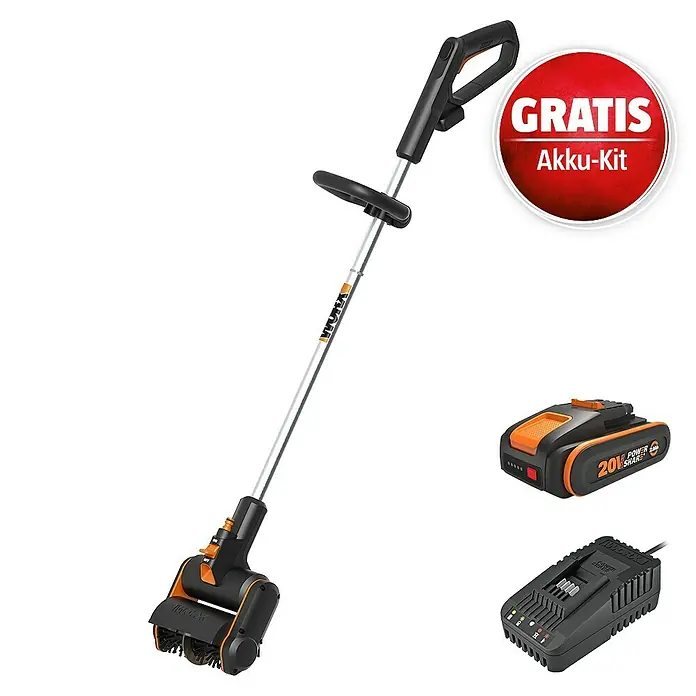 Worx PowerShare 20V Maschinenpaket - Fugenbürste WG441E.9, 20V, 2,0 Ah Akku & 20V 2A Schnellladegerät - Akku-Fugenreiniger in Orange und Schwarz mit silberner Stange, 20V Akku und Ladegerät.