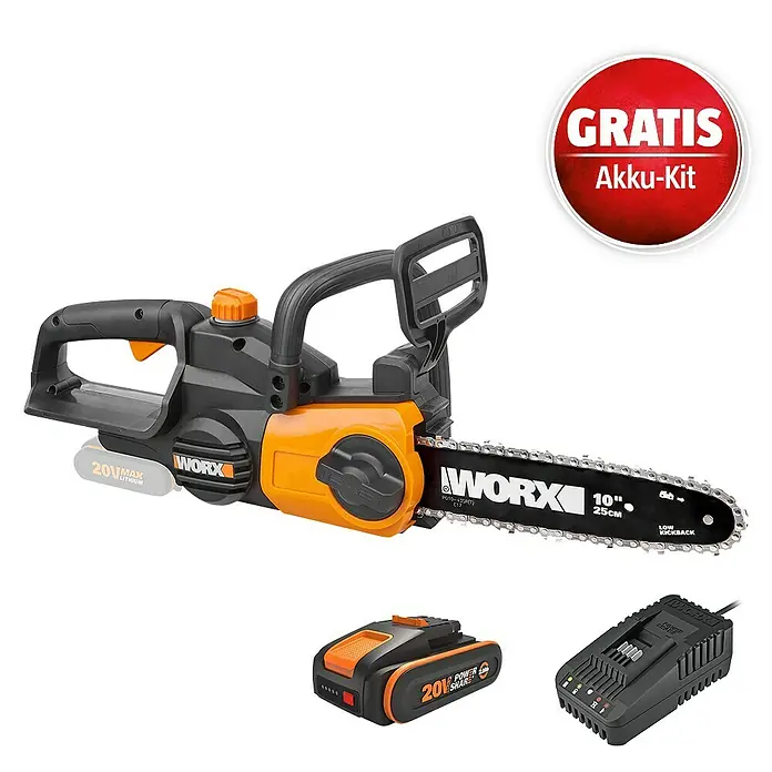 Worx PowerShare 20V Maschinenpaket - Akku-Kettensäge WG322E.9, 20V, 2,0 Ah Akku & 20V 2A Schnellladegerät - Schwarze und orangefarbene Akku-Kettensäge mit Akku und Ladegerät. Ein roter Kreis hebt "GRATIS Akku-Kit" hervor.