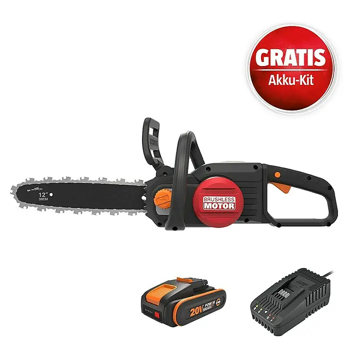 Worx PowerShare 20V Maschinenpaket - Akku-Kettensäge WG350E.9, 20V, 2,0 Ah Akku & 20V 2A Schnellladegerät - Schwarze und orangefarbene Akku-Kettensäge mit 30-cm-Schwert und bürstenlosem Motor, dazu Akku und Ladegerät.