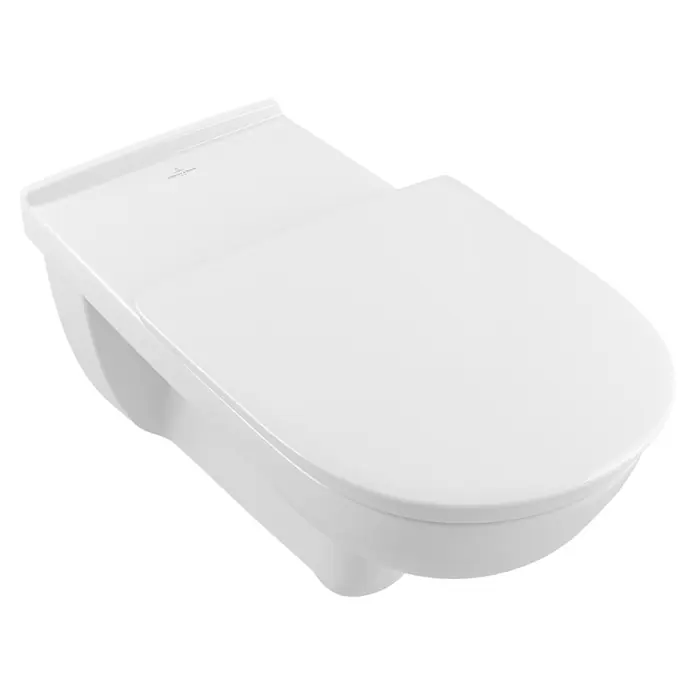 Villeroy & Boch ViCare WC-Sitz - Duroplast, Weiß, Mit Absenkautomatik - Das Bild zeigt eine moderne, wandhängende Toilette in strahlendem Weiß, die Eleganz und Hygiene im Badezimmer vereint.