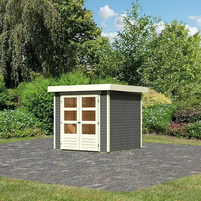 Karibu Gartenhaus Askola - Außenmaß inkl. Dachüberstand (B x T): 242 x 238 cm, Holz, Terragrau - Abgebildetes Produkt: Graues Gartenhaus mit Doppeltür und weißem Rahmen. Perfekt für die Aufbewahrung im Freien und zur Organisation Ihres Gartens.