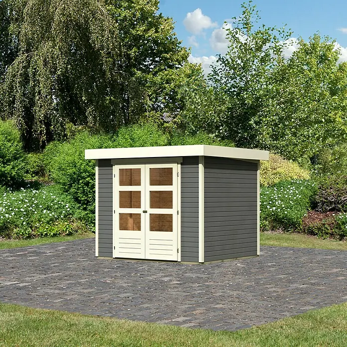 Karibu Gartenhaus Askola - Außenmaß inkl. Dachüberstand (B x T): 266 x 238 cm, Holz, Terragrau - Eine moderne Gartenschuppen-Konstruktion mit Doppeltüren aus Holz mit Fenster, ideal für die Lagerung von Gartengeräten.