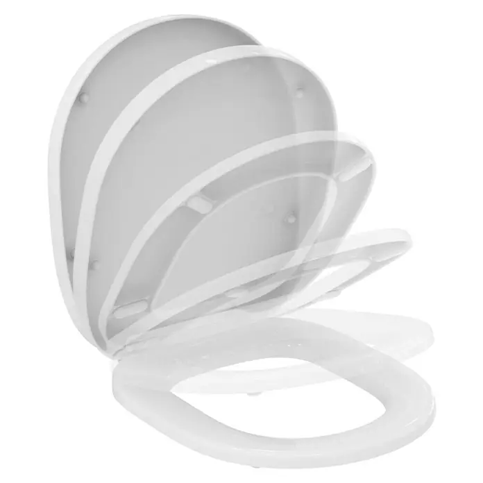 Ideal Standard Connect WC-Sitz - Duroplast, Weiß, Mit Absenkautomatik - Ein schwebender Toilettensitz mit verschiedenen Öffnungswinkeln, dargestellt in einem hellen, fast transparenten Design.