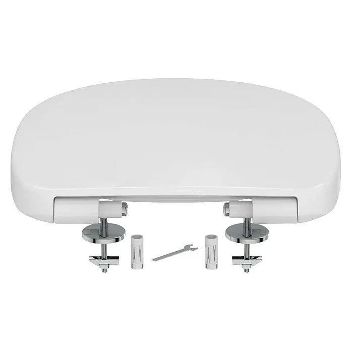 Ideal Standard Connect WC-Sitz - Duroplast, Weiß, Mit Absenkautomatik - Nahaufnahme eines weißen Toilettensitzes mit Befestigungsmaterial, ideal für Badezimmerausstattung und Sanitärbedarf.