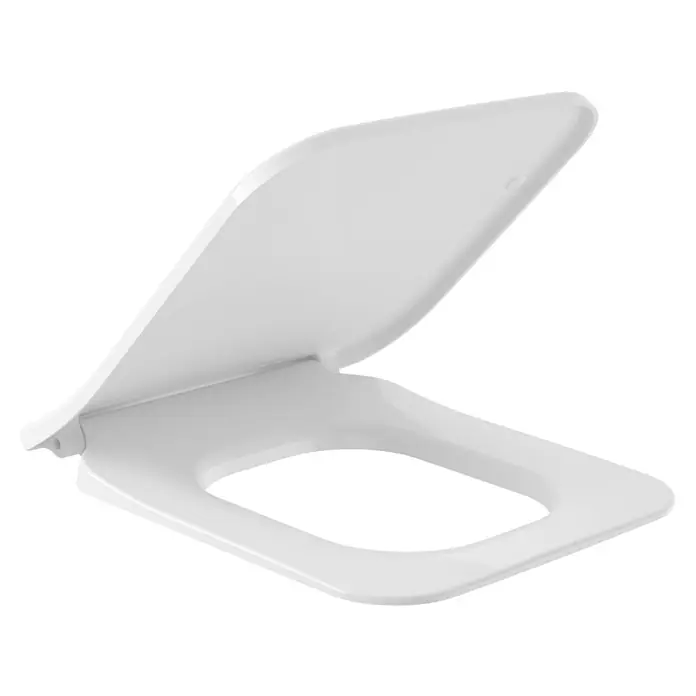 Villeroy & Boch Venticello WC-Sitz SlimSeat - Duroplast, Weiß, Mit Absenkautomatik - Ein weißer WC-Sitz mit Deckel in geöffnetem Zustand, der eine moderne und saubere Ästhetik für jedes Badezimmer bietet.