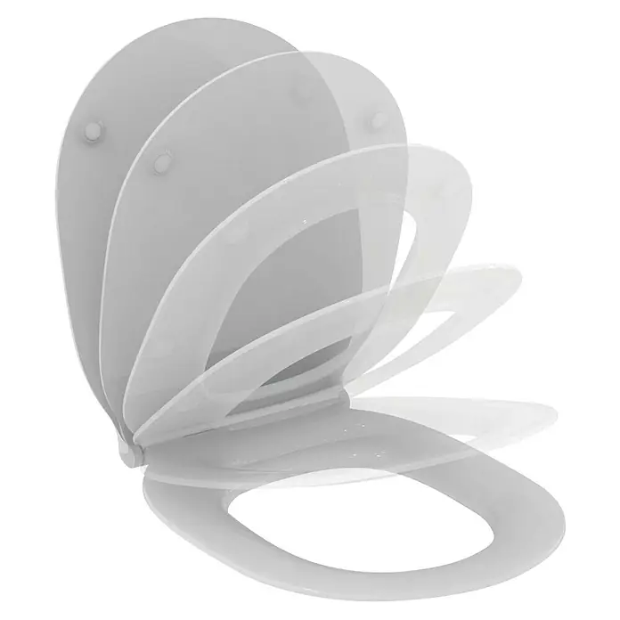 Ideal Standard Connect Air WC-Sitz - Duroplast, Weiß, Mit Absenkautomatik - Bild einer sich öffnenden, grauen Toilettenbrille. Diese ist aus Kunststoff und wird oft im Badezimmer verwendet.