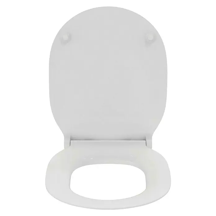 Ideal Standard Connect Air WC-Sitz - Duroplast, Weiß, Mit Absenkautomatik - Weiße Toilettenbrille mit Deckel von oben fotografiert. Der Toilettensitz ist sauber und unbenutzt.