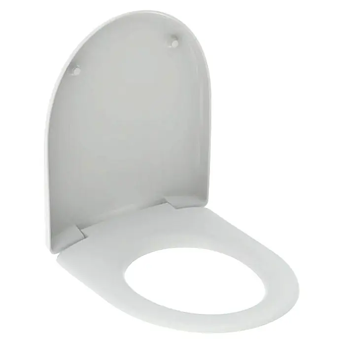 Geberit Renova WC-Sitz Typ 1 - Duroplast, Weiß, Ohne Absenkautomatik - Ein weißer Toilettensitz mit Deckel, der leicht geöffnet ist, bietet Hygiene und Komfort im Badezimmer.
