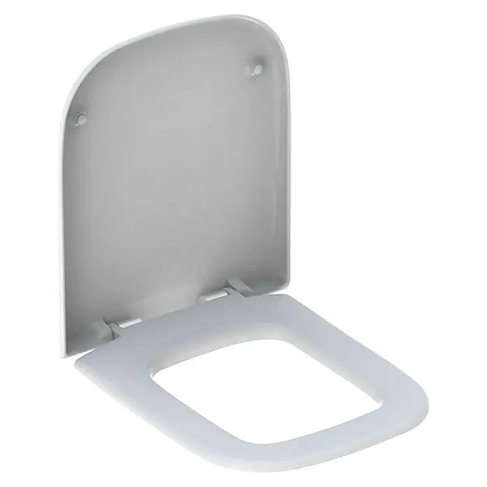 Geberit myDay WC-Sitz - Duroplast, Weiß, Mit Absenkautomatik - Weißer Toilettensitz aus Kunststoff mit hochgeklapptem Deckel, der die Form und das Design des Produkts hervorhebt.