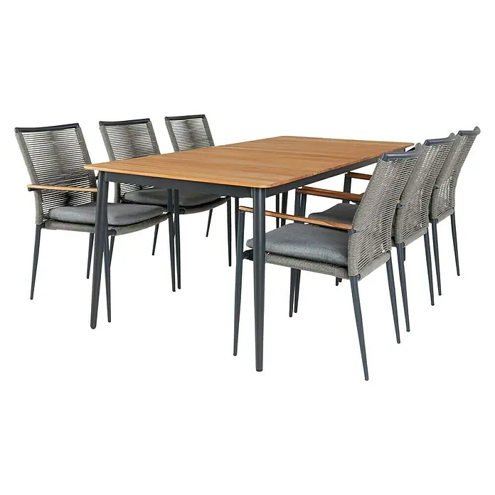 Sunfun Silla de jardín Greta - Negro, Aluminio/Cuerda sintética, 57 x 47 x 89 cm - Un juego de comedor con una mesa de madera y seis sillas con cojines y reposabrazos grises.