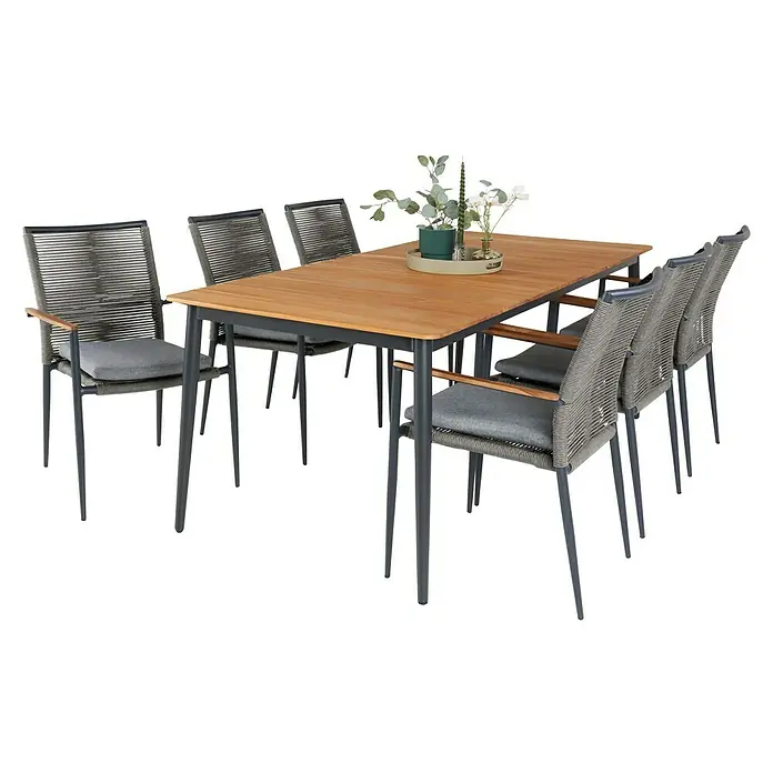 Sunfun Silla de jardín Greta - Negro, Aluminio/Cuerda sintética, 57 x 47 x 89 cm - Elegante conjunto de comedor para exteriores con mesa de madera y seis sillas grises de mimbre con reposabrazos, ideal para reuniones al aire libre.