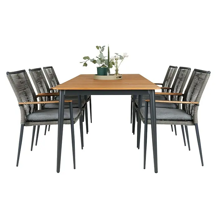 Sunfun Silla de jardín Greta - Negro, Aluminio/Cuerda sintética, 57 x 47 x 89 cm - Elegante conjunto de jardín con mesa de comedor y seis sillas. El conjunto destaca por su diseño moderno y materiales de alta calidad para exterior.