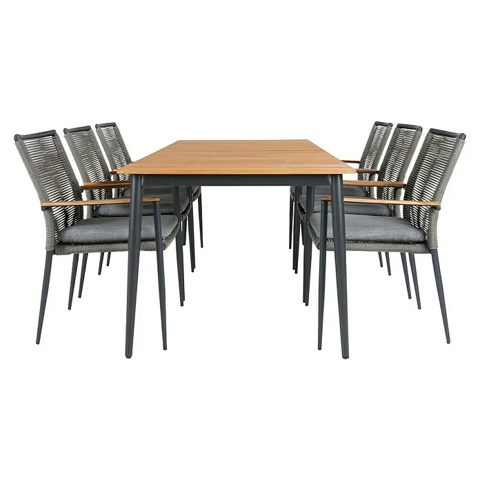 Sunfun Silla de jardín Greta - Negro, Aluminio/Cuerda sintética, 57 x 47 x 89 cm - Un elegante conjunto de comedor para exteriores con mesa de madera y seis sillas grises tejidas con reposabrazos, ideal para reuniones al aire libre.