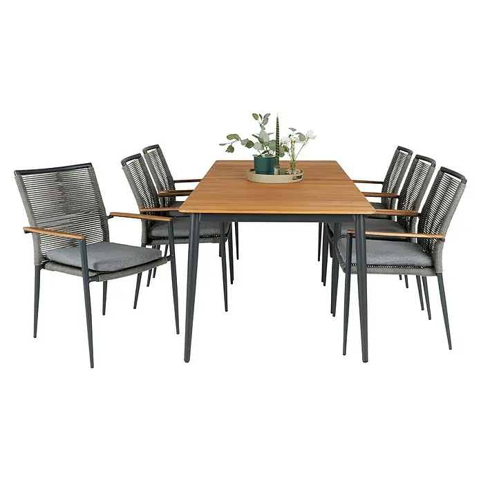 Sunfun Silla de jardín Greta - Negro, Aluminio/Cuerda sintética, 57 x 47 x 89 cm - Elegante juego de muebles de jardín con mesa de madera y seis sillas con mimbre gris para reuniones elegantes al aire libre.