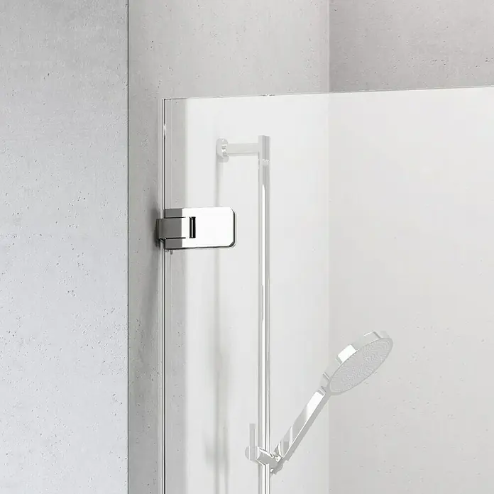 Camargue Air Eckdusche C21+C22 - L x B x H: 72,5 x 77,5 x 200 cm, Beschichtet, Silber, Glasstärke: 8 mm - Nahaufnahme einer Duschkabine mit Fokus auf das Scharnier und die Haltestange. Das minimalistische Design sorgt für ein modernes Badezimmer.