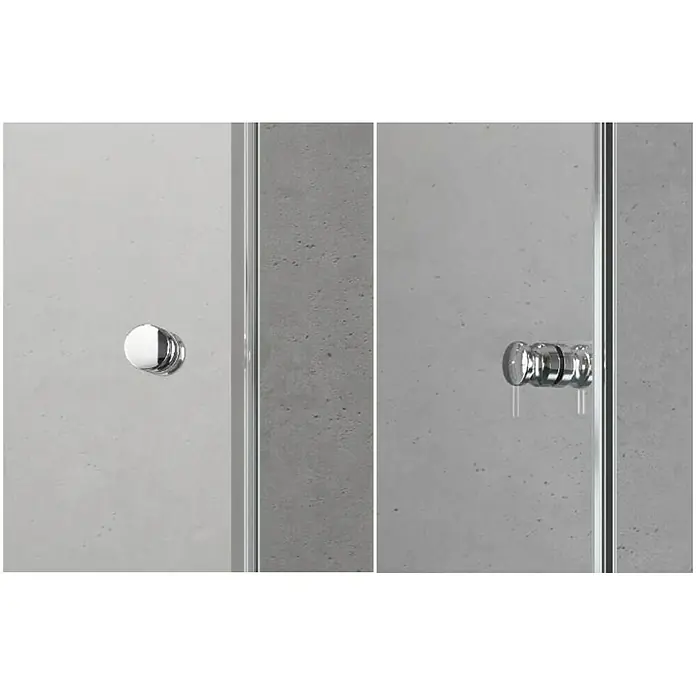 Camargue Air Eckdusche C23+C22 - L x B x H: 87,5 x 77,5 x 200 cm, Beschichtet, Silber, Glasstärke: 8 mm - Nahaufnahme einer Duschkabine mit Griffen, die das schlichte Design und die hochwertige Verarbeitung hervorheben.