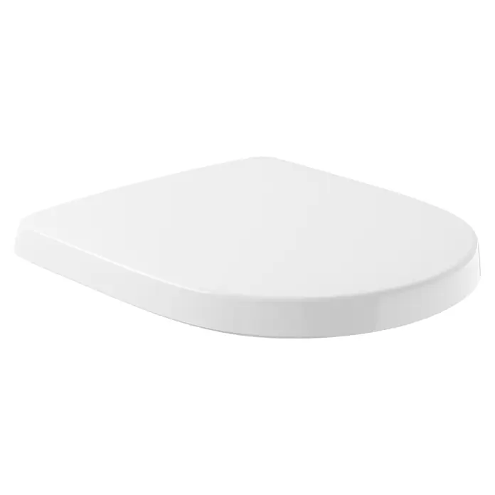 Villeroy & Boch O.novo WC-Sitz Compact - Duroplast, Weiß, Ohne Absenkautomatik - Ein weißer, eckiger Duschhocker mit abgerundeten Kanten. Die Oberfläche ist glatt und reflektiert das Licht. Ein stilvolles und praktisches Badmöbel.