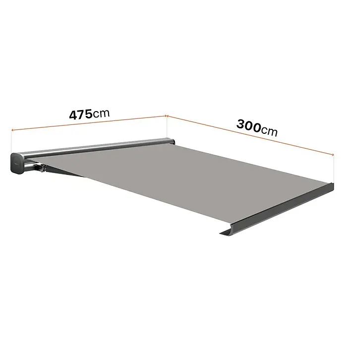 SmartSun Toldo con motor Dark Algarve - Gris, Ancho: 4,75 cm, Caída: 3 m - Esta imagen muestra un toldo gris, que mide 475 cm de ancho y 300 cm de profundidad, una adición práctica y elegante a cualquier espacio al aire libre.