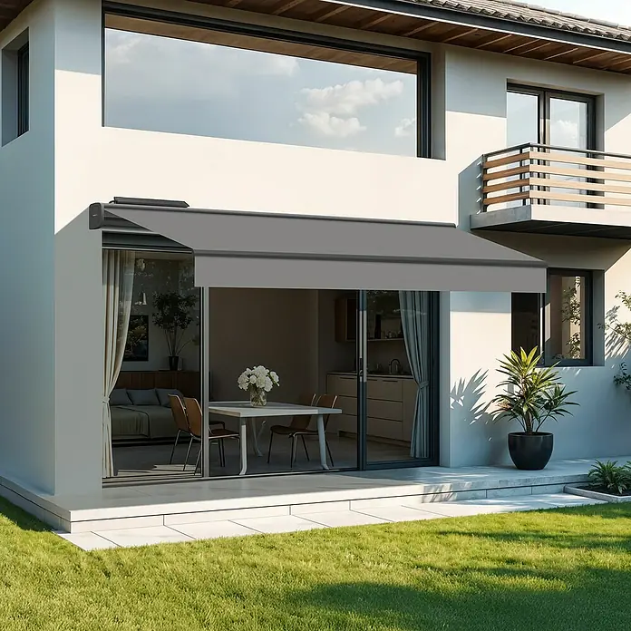 SmartSun Toldo con motor Solar Motion Dark Vivant - Gris, Ancho: 4,75 m, Caída: 3 m - Imagen de un toldo de patio gris moderno que proporciona sombra y mejora el aspecto de la casa. Perfecto para días soleados al aire libre.