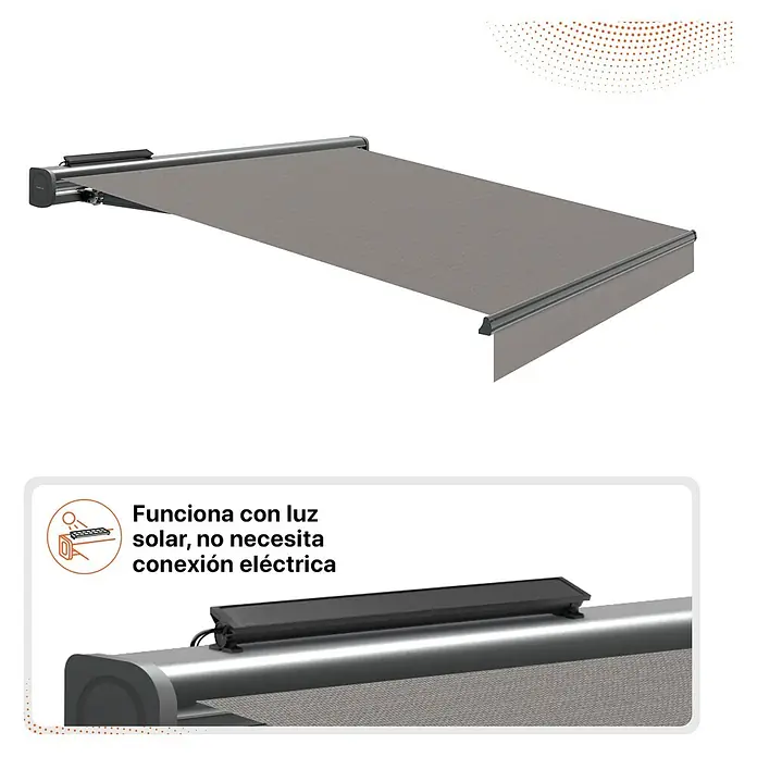 SmartSun Toldo con motor Solar Motion Dark Vivant - Gris, Ancho: 4,75 m, Caída: 3 m - Toldo gris con panel solar. El toldo funciona con luz solar y no necesita conexión eléctrica.
