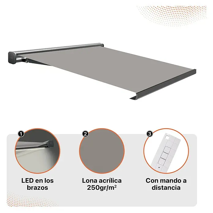 SmartSun Toldo con motor Dark Algarve - Gris, Ancho: 4,75 cm, Caída: 3 m - Toldo gris con iluminación LED, lona acrílica (250 g/m²) y mando a distancia para un fácil uso.