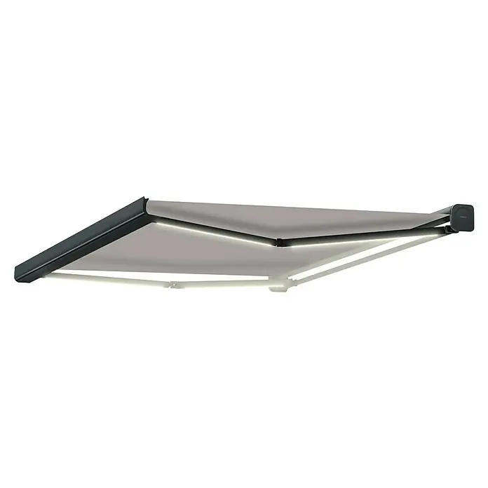 SmartSun Toldo con motor Dark Algarve - Gris, Ancho: 3,95 cm, Caída: 3 m - Imagen de un toldo retráctil con un marco negro y una cubierta gris, que ofrece sombra y protección contra el sol.
