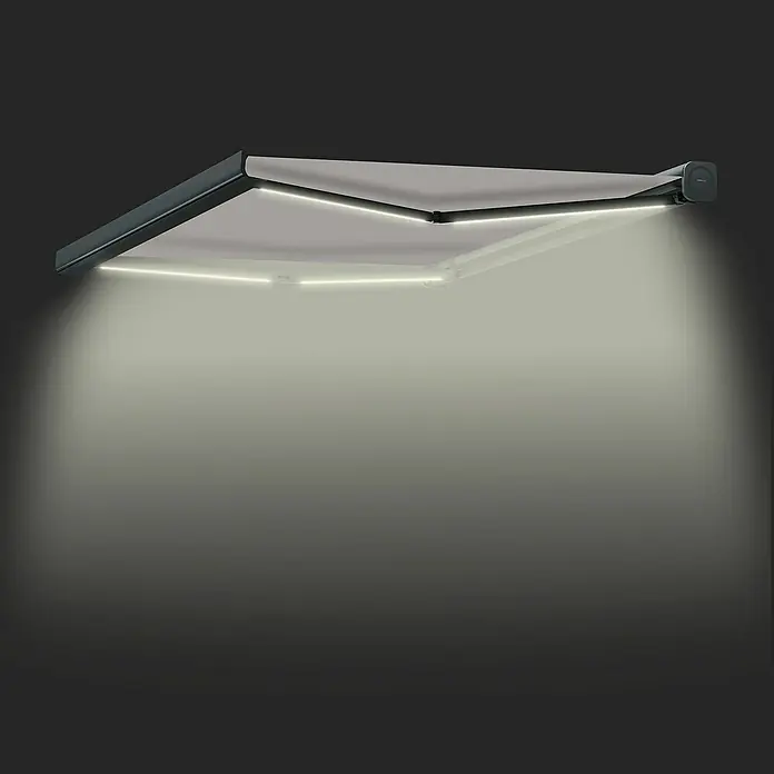 SmartSun Toldo con motor Dark Algarve - Gris, Ancho: 4,75 cm, Caída: 3 m - Un toldo moderno con iluminación integrada proporciona sombra y luz para horas de relax al aire libre.