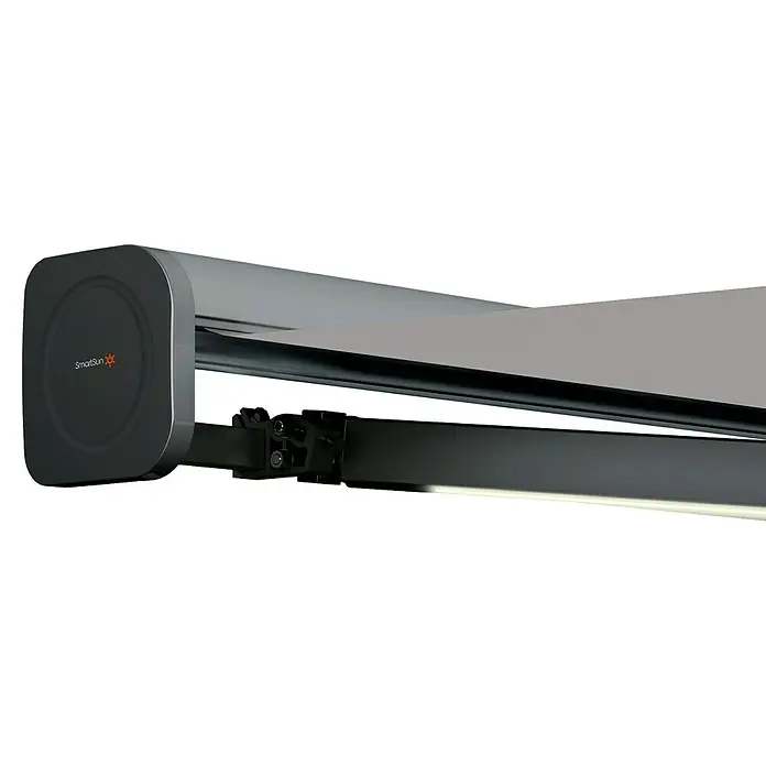 SmartSun Toldo con motor Dark Algarve - Gris, Ancho: 4,75 cm, Caída: 3 m - Toldo SmartSun con iluminación LED, ideal para patio o balcón, que proporciona una protección solar ideal y una luz agradable por la noche.