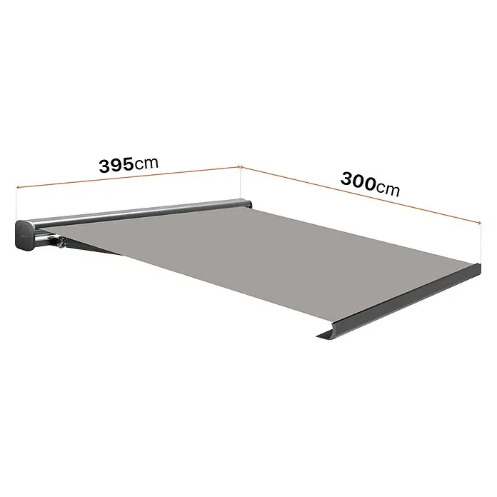 SmartSun Toldo con motor Dark Algarve - Gris, Ancho: 3,95 cm, Caída: 3 m - Imagen de un toldo gris con dimensiones de 395 cm de ancho y 300 cm de proyección, ideal para dar sombra en exteriores.