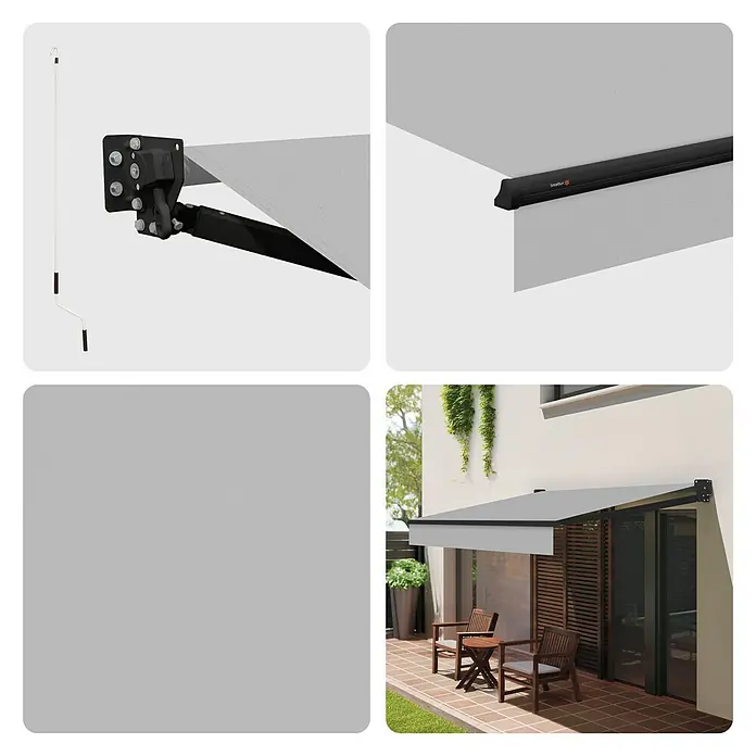 SmartSun Toldo de brazos extensibles Dark Stella - Gris, Ancho: 2,45 m, Caída: 2 m - Vistas detalladas de un toldo retráctil gris que ofrece sombra y confort para espacios exteriores.