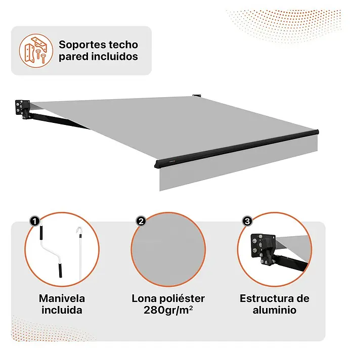SmartSun Toldo de brazos extensibles Dark Stella - Gris, Ancho: 2,45 m, Caída: 2 m - Imagen de un toldo gris con accesorios como manivela, lona de poliéster y estructura de aluminio. Incluye soportes para techo o pared.
