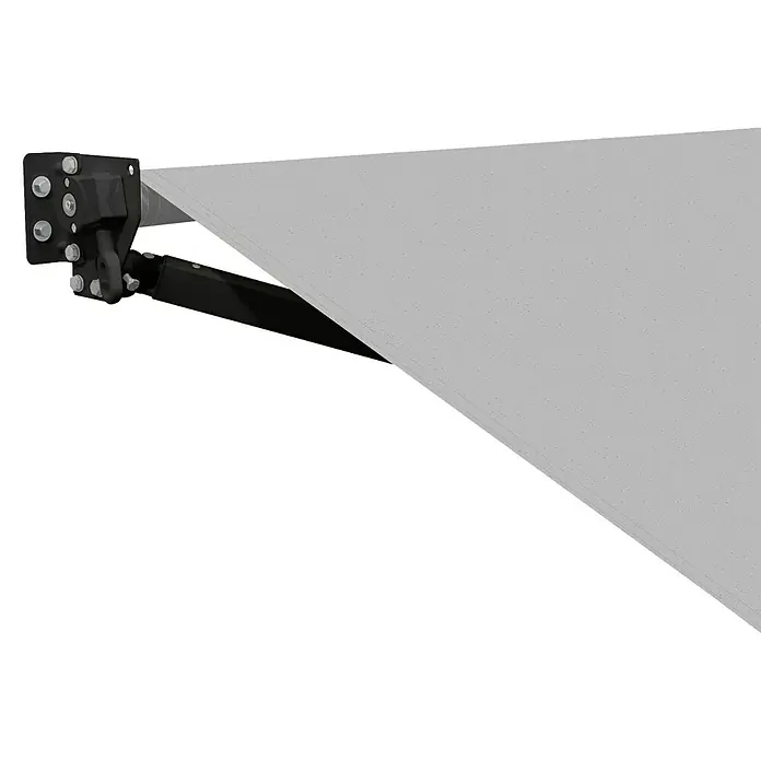 SmartSun Toldo de brazos extensibles Dark Stella - Gris, Ancho: 2,45 m, Caída: 2 m - Primer plano de un parasol gris con soporte negro. Proporciona sombra y protección solar.