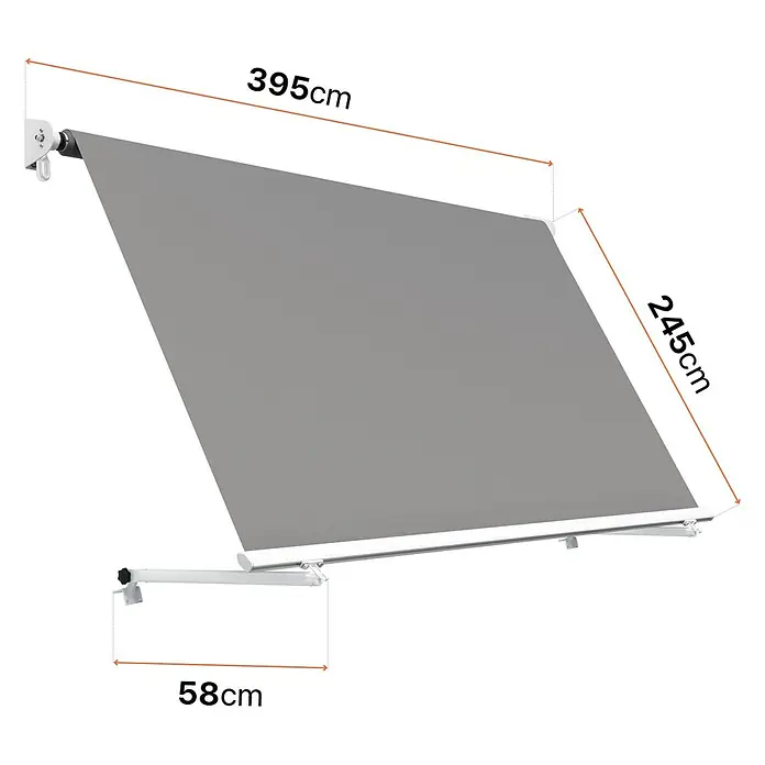 SmartSun Toldo para balcón Urban - Gris, Ancho: 3,95 m, Caída: 2,45 m - Imagen de un toldo gris con dimensiones de 395cm x 245cm y una proyección de 58cm, ideal para dar sombra a balcones o terrazas.