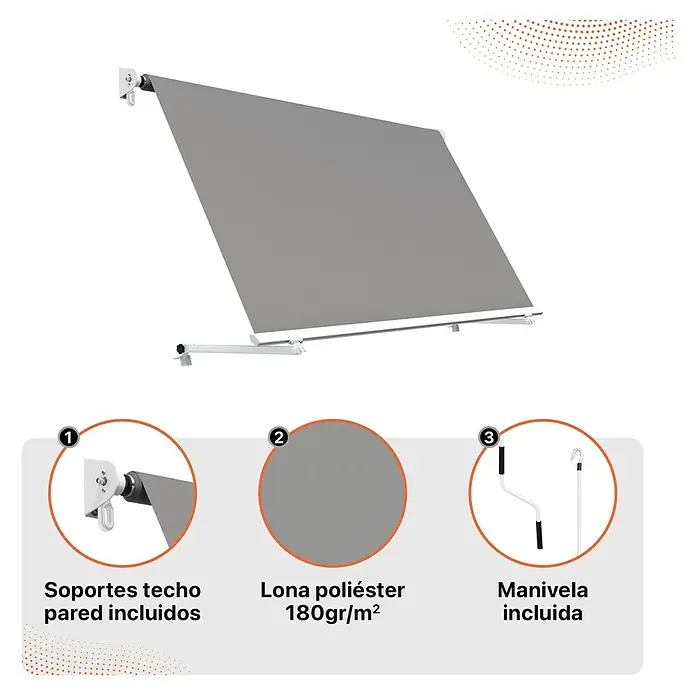 SmartSun Toldo para balcón Urban - Gris, Ancho: 3,95 m, Caída: 2,45 m - Toldo con soportes de pared, lona de poliéster de 180gr/m² y manivela incluida para protección solar.