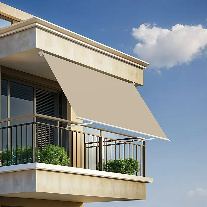 SmartSun Toldo para balcón Urban - Arena, Ancho: 3,95 m, Caída: 2,45 m - Toldo de balcón con tela beige y estructura blanca proporciona sombra y privacidad.